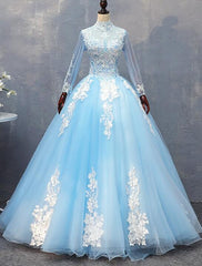 Gorgeous Blue Long Sleeves Ball Gown Sweet 16 Dress, Charming Formal Gown