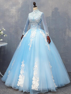 Gorgeous Blue Long Sleeves Ball Gown Sweet 16 Dress, Charming Formal Gown