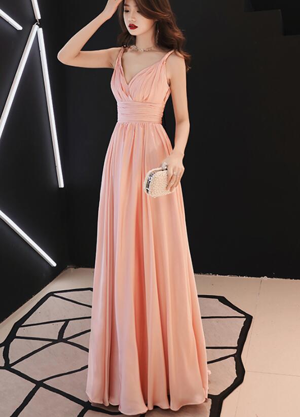 Pink V-neckline Chiffon Long Prom Dress, Junior Prom Dress
