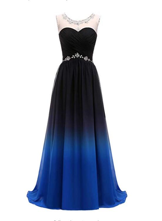 Charming Round Neck Beaded Gradient Prom Dress, Blue Formal Gown