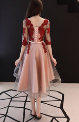 Beautiful 1/2 Sleeves High Low Red Lace Party Dress, Short Prom Dress
