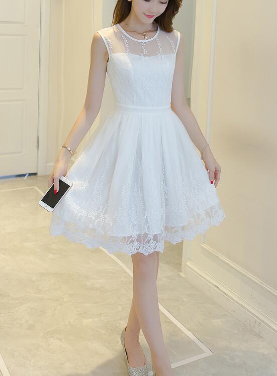 Cute White Knee Length Round Neckline Lace Dress, White Women Dress