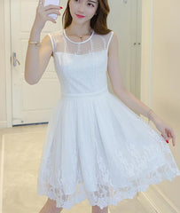 Cute White Knee Length Round Neckline Lace Dress, White Women Dress