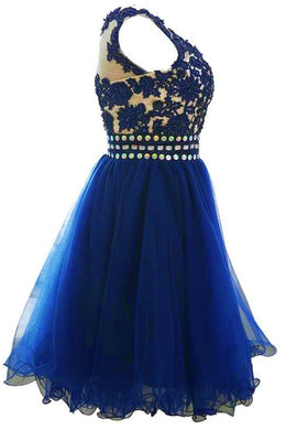 Cute Blue Knee Length Round Neckline Beade Party Dress, Blue Homecoming Dress