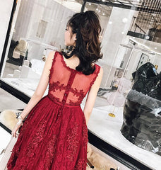 Charming Wine Red Tea Length Tulle Homecoming Dress, Lace Party Dress