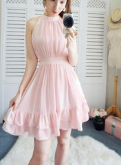 Simple Cute Pink Chiffon Short Halter Wedding Party Dress, Lovely Pink Women Dress