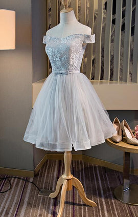 Cute Off the Shoulder Lace and Tulle Knee Length Party Dress, Homecoming Dress