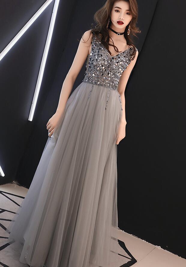 Sparkle Grey Beaded Long Tulle Formal Dress, Long Prom Dress Cutedressy Sparkle Grey Beaded Long Tulle Formal Dress, Long Prom Dress Cutedressy