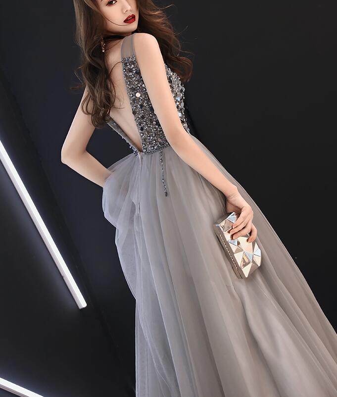 Sparkle Grey Beaded Long Tulle Formal Dress, Long Prom Dress