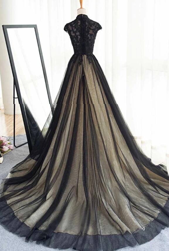 black prom dress with a train Elegant V Neck Black Backless Prom Dress with Train, Black Backless Formal Dress, Graduation Dress