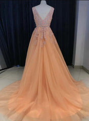 Charming Prom Dresses V-neck Gold Sash,  A-line Sweep Train Long Evening Dress