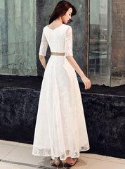 Elegant White Lace Long Short Sleeves Wedding Party Dress with Bow, Evening Dress