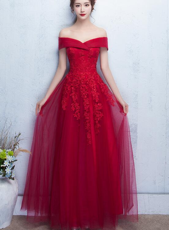 Beautiful Red Off the Shoulder Long Party Dress with Lace, A-line Prom Dress