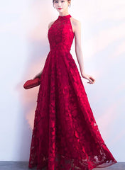 Charming Red Halter Lace Floor Length Party Dress, Red Prom Dress