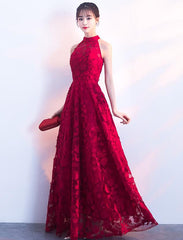 red halter long lace party dress