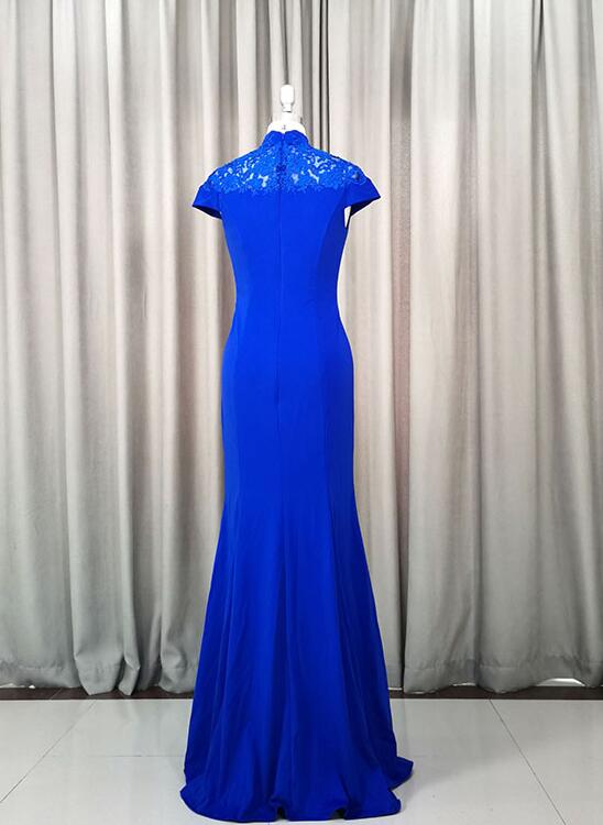 Beautiful Spandex with Lace Mermaid Long Prom Dress, Blue Evening Party Dress