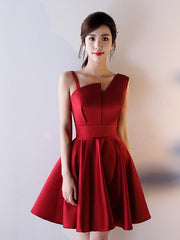 Beautiful Dark Red Satin One Shoulder Mini Party Dress, Wine Red Homecoming Dress