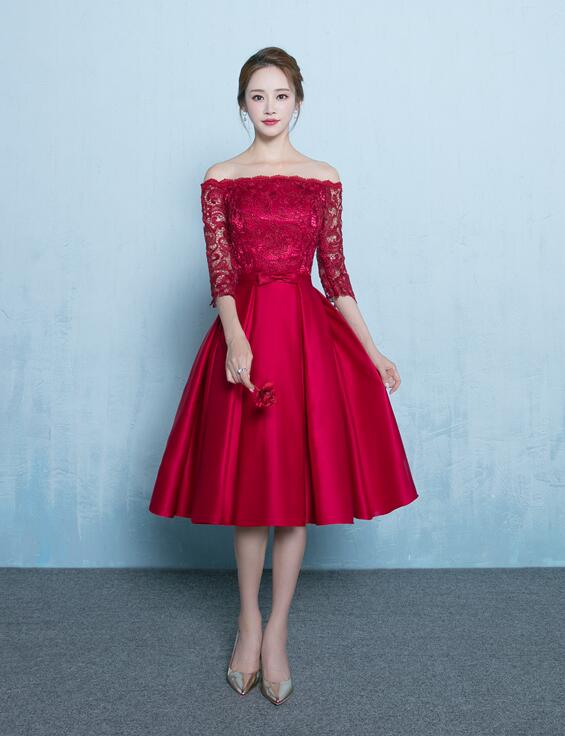 Cute Red Off Shoulder Lace and Stain Short Prom Dress, Red Bridesmaid – Cutedressy