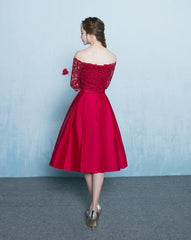 Cute Red Off Shoulder Lace and Stain Short Prom Dress, Red Bridesmaid Dress