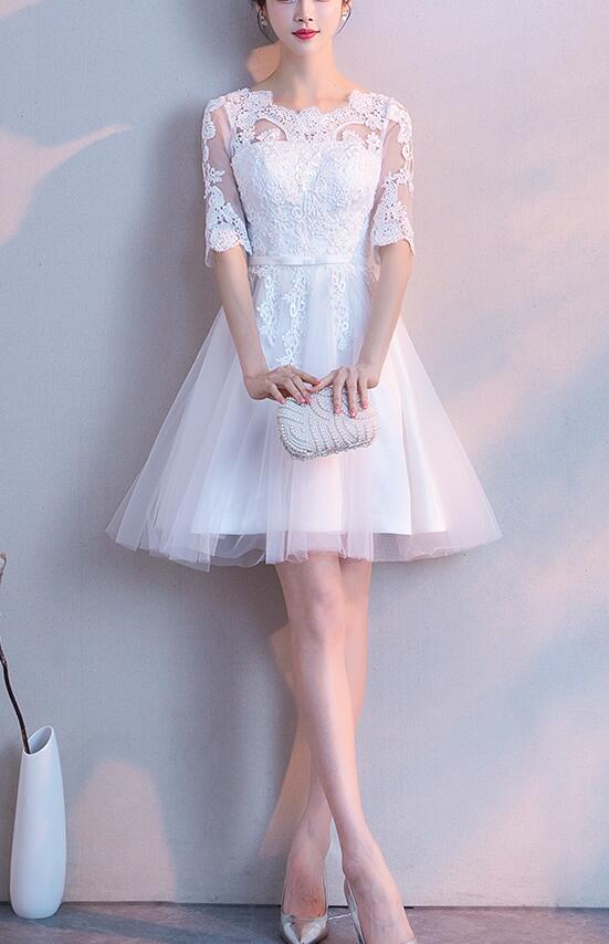 Beautiful White Tulle with Lace Top Short Sleeves Party Dress, Graduation Dress