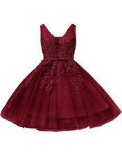 Lovely Wine Red Tulle Homecoming Dress with Lace Applique, Short Prom Dress