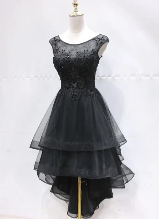 Cute Black Layers High Low Round Neckline Homecoming Dress, Black Party Dress