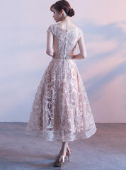Fashionable Tea Length Lace Cap Sleeves Bridesmaid Dress, Lace Party Dress