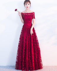 Beautiful Dark Red Lace A-line Long Bridesmaid Dress, Prom Dress 2020