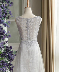 Beautiful Light Grey Lace and Tulle Long Party Dress, A-line Prom Dress