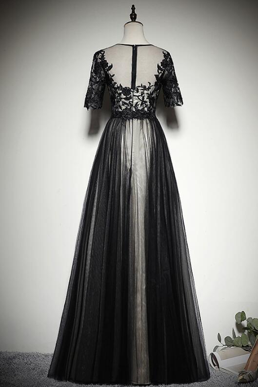 Beautiful Black Short Sleeves Lace and Tulle Long Prom Dress, Long Party Dress
