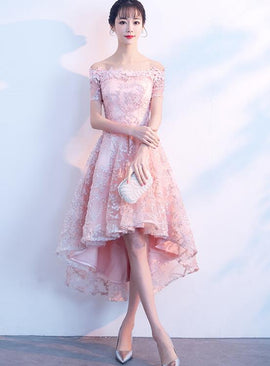 pink lace high low party dress
