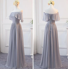 Beautiful Light Grey Chiffon Off Shoulder Party Dress, Long Grey Bridesmaid Dress