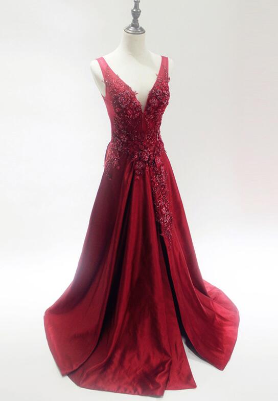 Beautiful Dark Red Satin Slit Prom Dress 2020, V-neckline Lace Applique