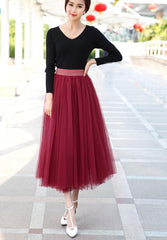 Wine Red Tulle Long Skirt, Women Tulle Skirts, Fashionable Women Skirts