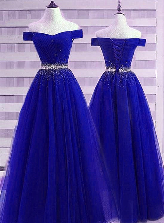 Beautiful Royal Blue Off Shoulder New Prom Dress , Beaded Party Dress