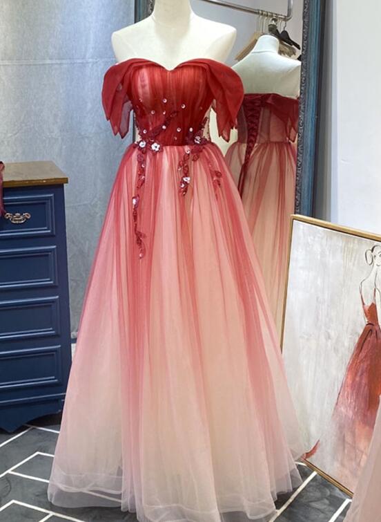 Beautiful Long Red Off Shoulder Tulle Gradient Party Dress, New Prom Dress