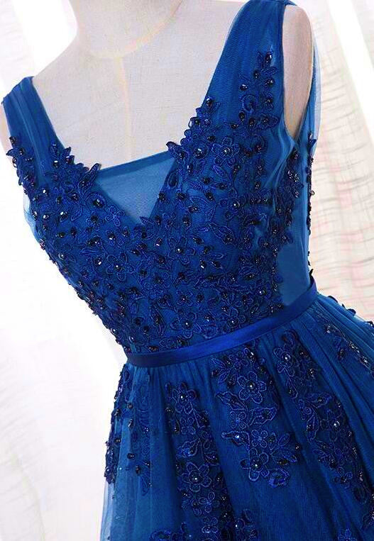 Elegant Blue Lace Applique Long Party Dress , Blue Prom Dress