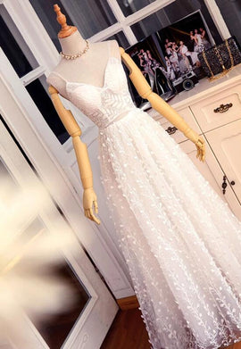 Elegant White Straps Floral Long Prom Dress , Party Dress