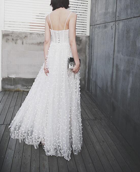 Elegant White Straps Floral Long Prom Dress , Party Dress