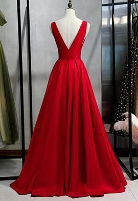 Beautiful Red Satin V-neckline Party Dress, Red Prom Dress