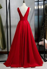 Beautiful Red Satin V-neckline Party Dress, Red Prom Dress