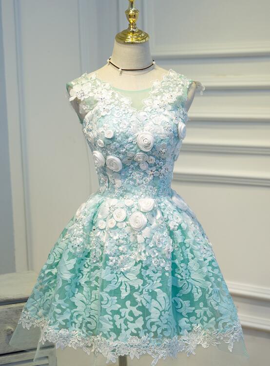 Lovely Green Lace with Floral Party Dress, Cute Short Prom Dress