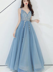 Charming Blue V-neckline Tulle Party Dress with Staps, Long Prom Dress