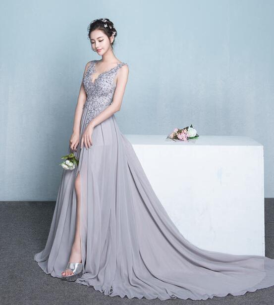 Beautiful Grey Chiffon Long Party Dress with Lace Top, Party Dress wit Cutedressy Beautiful Grey Chiffon Long Party Dress with Lace Top, Party Dress wit Cutedressy