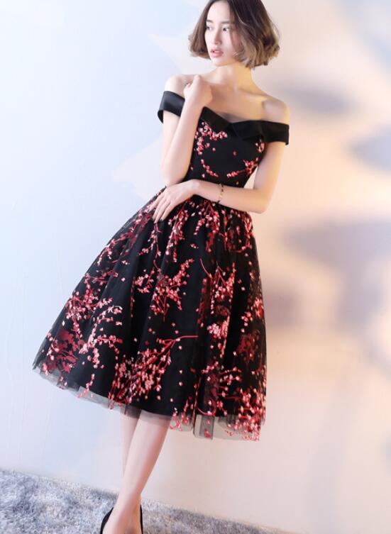 black tulle floral party dress