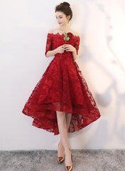 Beautiful Wine Red Lace Party Dress, High Low Prom Dress