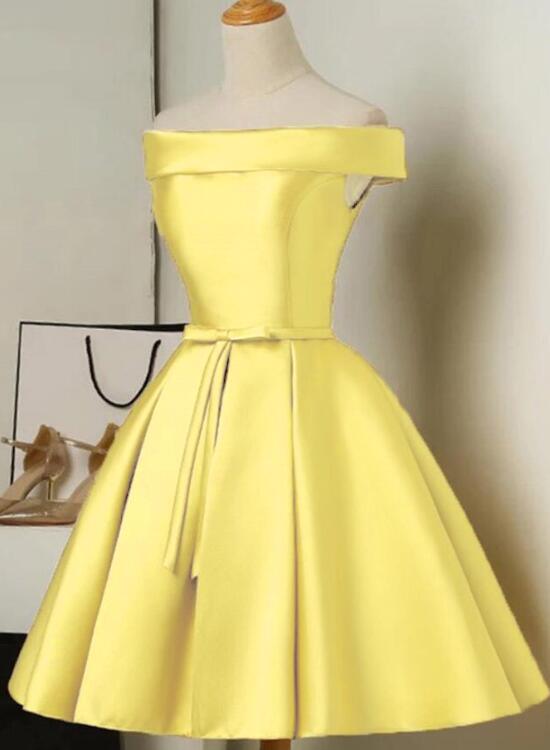 Lovely Yellow Satin Off Shoulder Short Prom Dress, Yellow Prom Dress