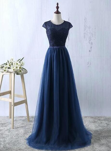 Charming Navy Blue Tulle and Lace Long Bridesmaid Dress, Long Party Dress