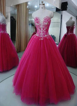 Charming Beaded Fuschia Tulle Ball Gown Party Dress, Sweet 16 Dress