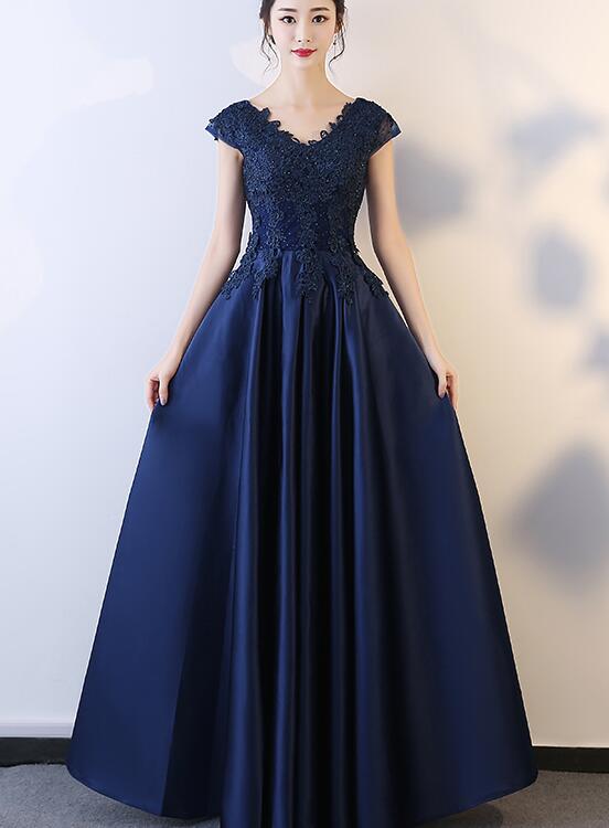 navy blue prom dress simple Navy Blue Satin A-line Lace Up Back Simple Prom Dresses With Pockets, MP768